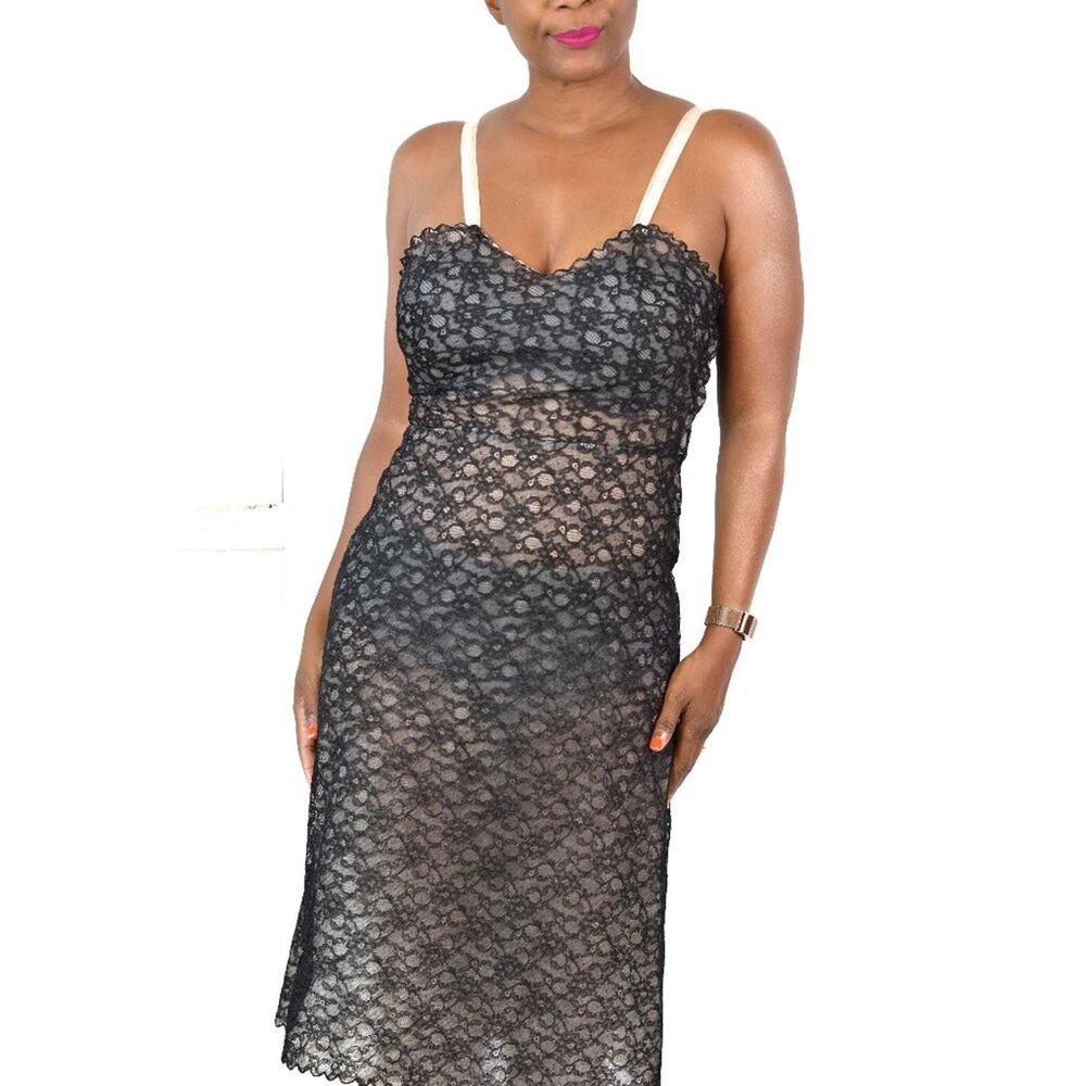 Vintage Chevette Black Lace Slip Dressing Gown Nightgown 50s MCM Nylon XS Small